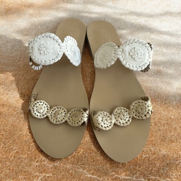 JACK ROGERS White Gold Leather Flat Sandals Size 9.5 - Picture 1 of 6